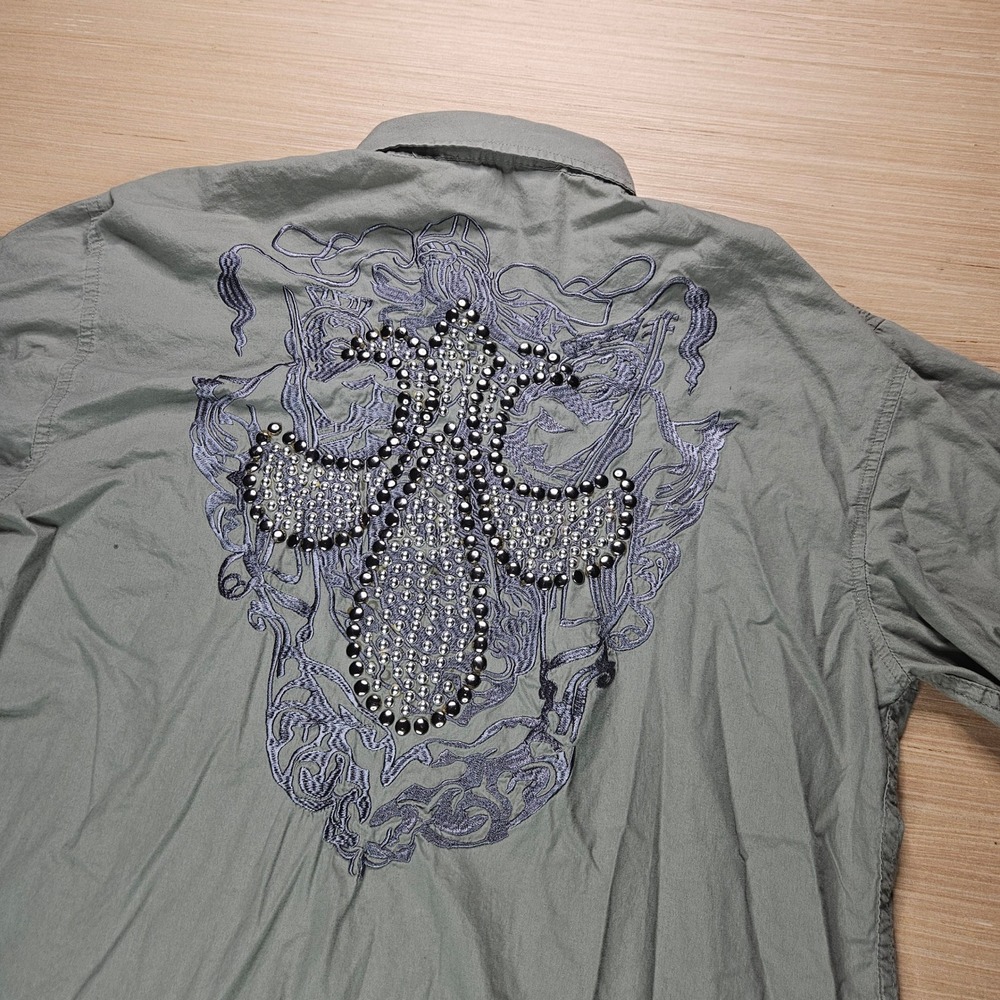 Embroidered Cross‎ Button Down Shirt Mens XL Green Studded Y2K Biker Do Denim